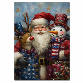 Santa with Rudolph and Snowman in Patriotic Outfits with Stars and Stripes for Festive Fourth of July Celebration Art on Ready to Hang 1.5" Thick Canvas Wrap, Floating Framed Canvas, Flat Rolled Canvas